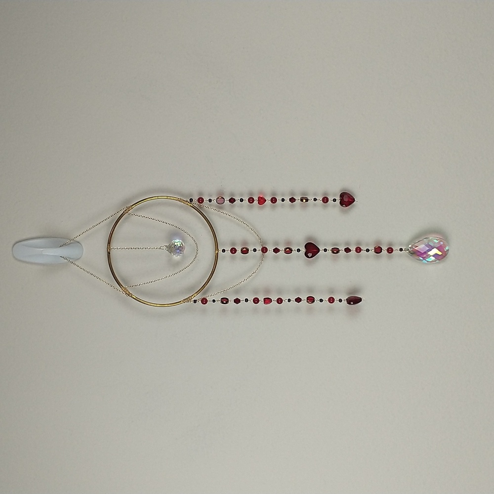 Handmade Suncatcher Red Burgundy Beaded Heart Boho Window Art Garden Hippe